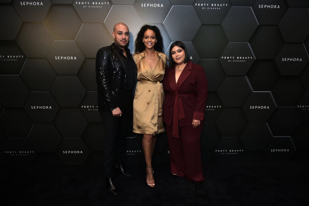 Rihanna at Fenty Beauty event in Dubai wearing an Oscar de la Renta coat  dress.