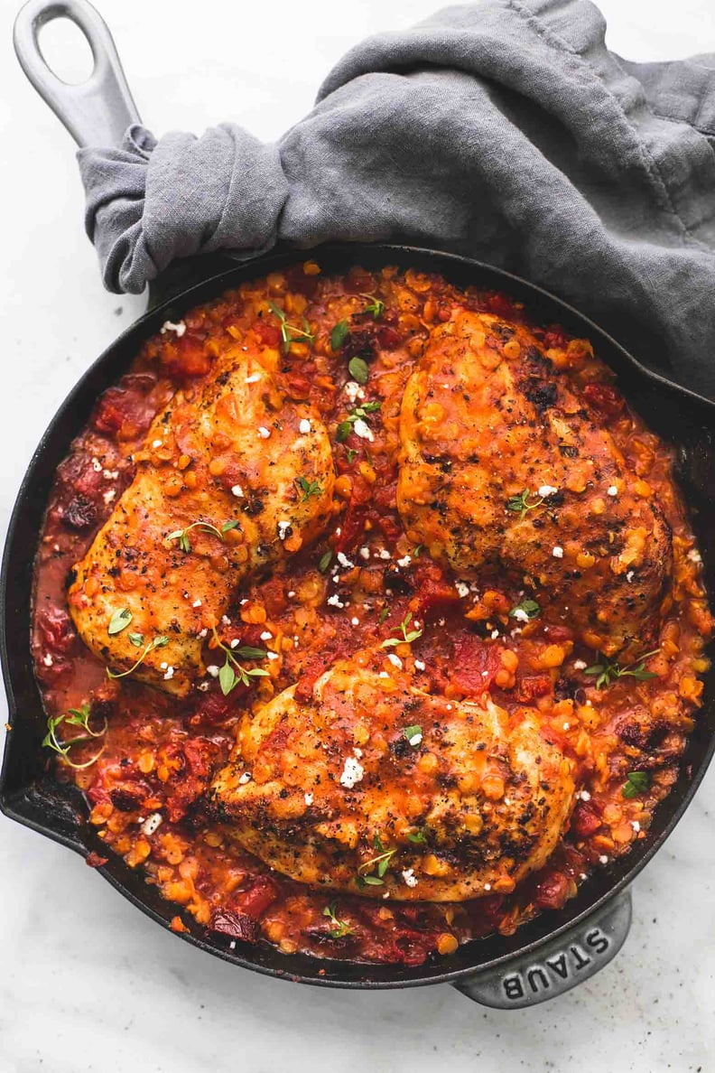 One Pan Greek Sun Dried Tomato Chicken and Lentils