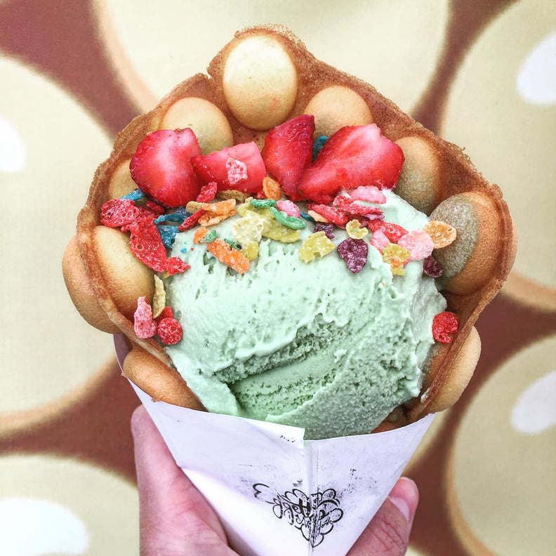 Eggette Cone With Green Tea Ice Cream, Strawberries, and Fruity Pebbles