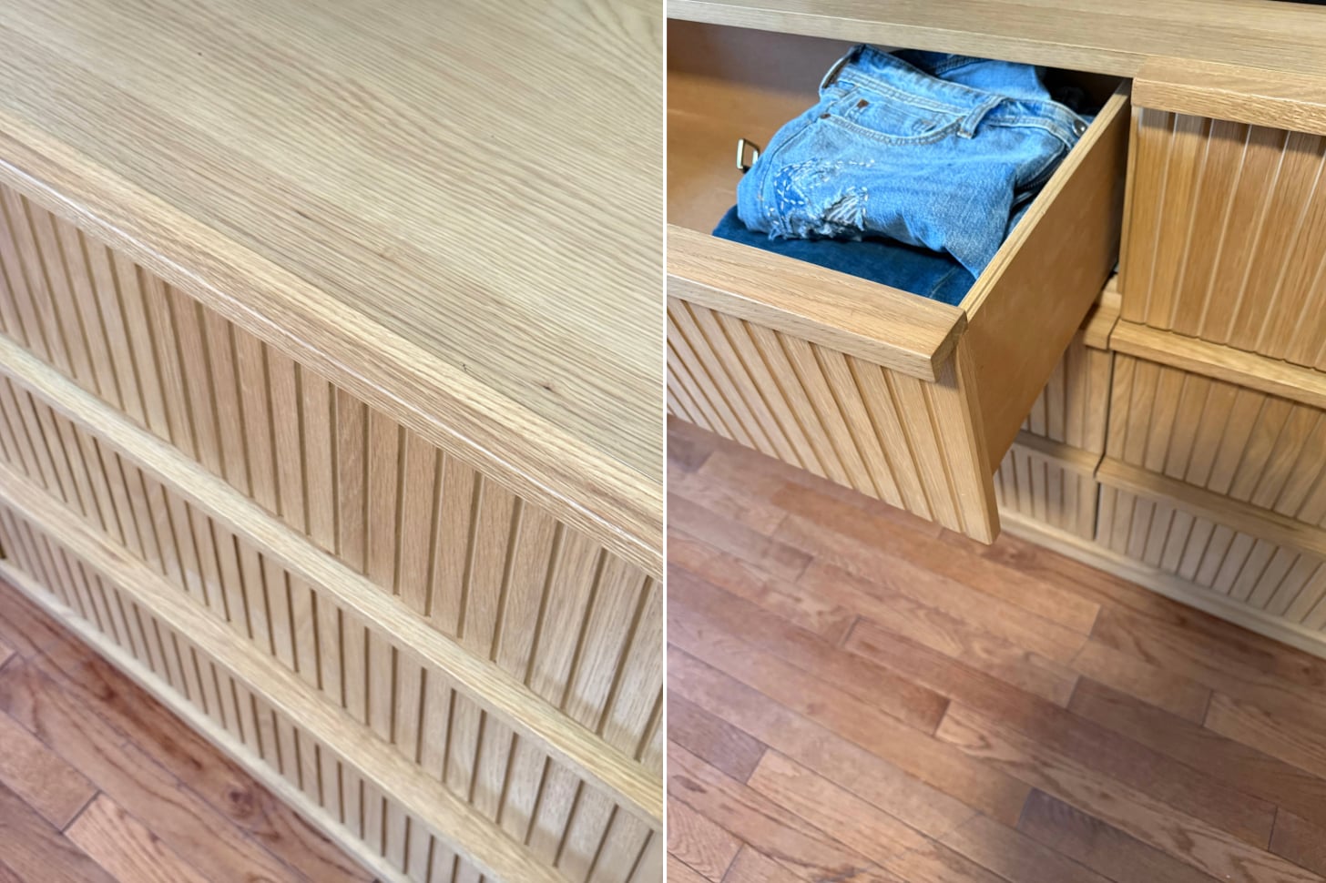 The Article Kouva Dresser close up of wood texture and drawer.