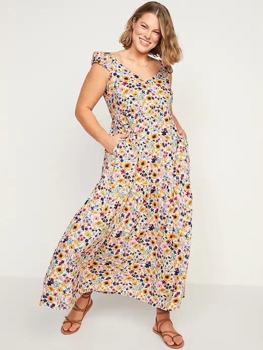 Multicolor Floral Printed Fit & Flare Maxi Dress With Neck Frill |  EST-SEW-811 | Cilory.com