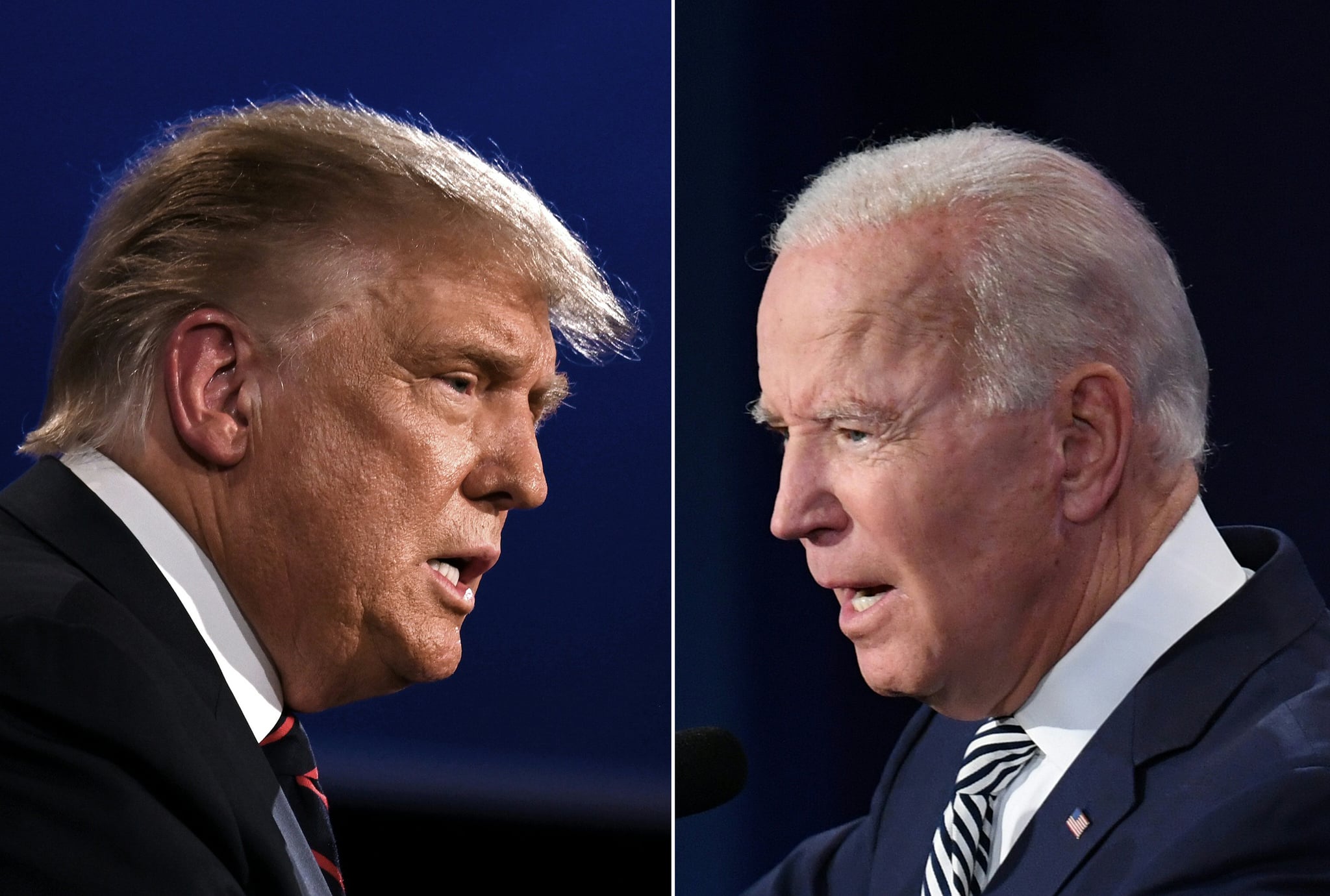 (COMBO) This combination of pictures created on September 29, 2020 shows US President Donald Trump (L) and Democratic Presidential candidate former Vice President Joe Biden squaring off during the first presidential debate at the Case Western Reserve University and Cleveland Clinic in Cleveland, Ohio on September 29, 2020. (Photos by JIM WATSON and SAUL LOEB / AFP) (Photo by JIM WATSON,SAUL LOEB/AFP via Getty Images)