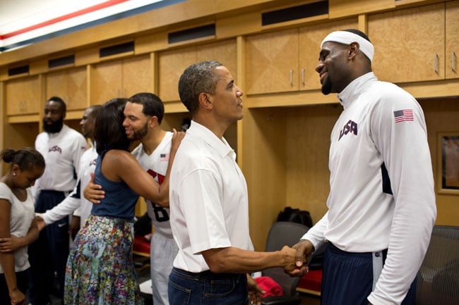 President Obama shook hands with LeBron James while meeting with the US Men's Olympic team in July 2012.
Source: Flickr user The White House
