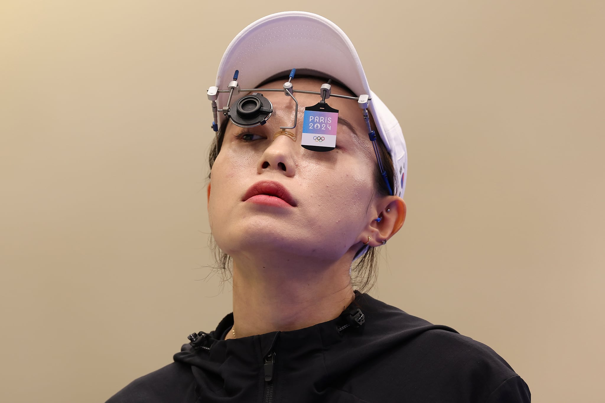 CHATEAUROUX, FRANCE - JULY 28: Kim Yeji of Team Republic of Korea prepares to shoot during the Women's 10m Air Pistol Final on day two of the Olympic Games Paris 2024 at Chateauroux Shooting Centre on July 28, 2024 in Chateauroux, France. (Photo by Charles McQuillan/Getty Images)