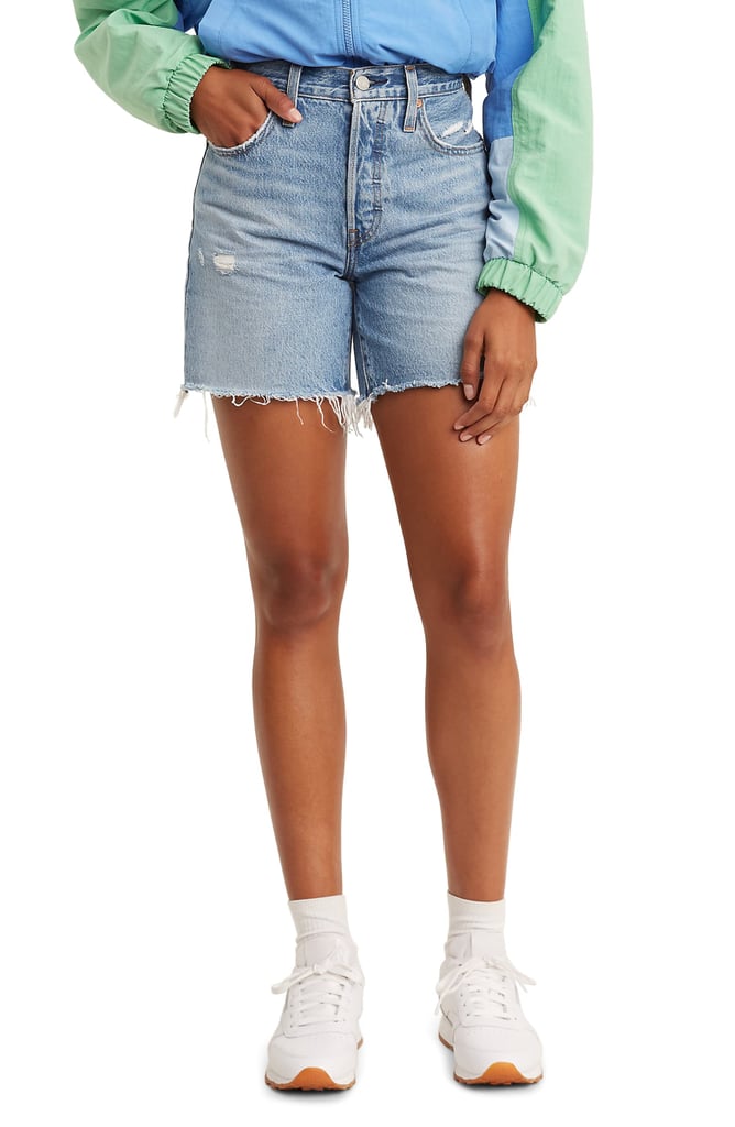 high waisted long jean shorts