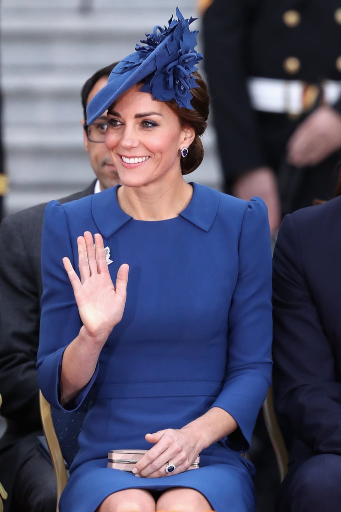 The duchess wore the look right to the official welcome ceremony, along with an L.K. Bennett clutch. 
