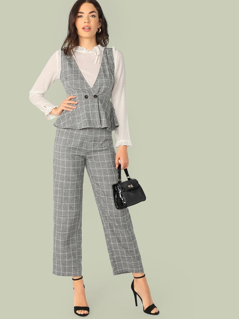 Shein Grid Double Button Wrap Peplum Top Without Blouse & Pants Set