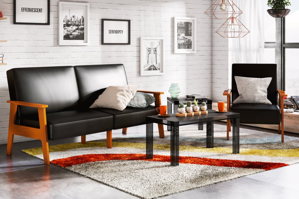 Asher Sofa Futon With Multi-Position Back ($362)
Asher Chair With Multi-Position Back ($211)
Retro Collection Classic Shag Area Rug (2'0" x 3'0") in Multicolor ($59)
Mahek 1-Light Cage Pendant, Copper Finish ($51)