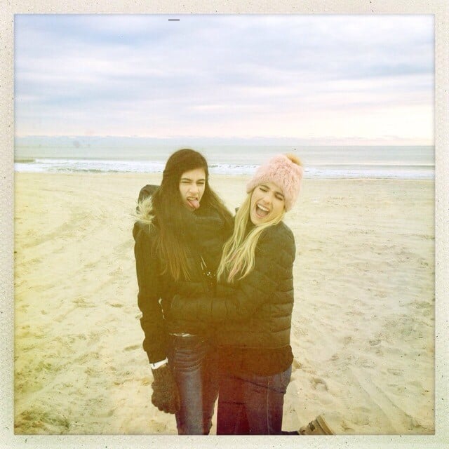 Emma Roberts and her sister Grace bundled up on the beach.
Source: Instagram user emmaroberts6