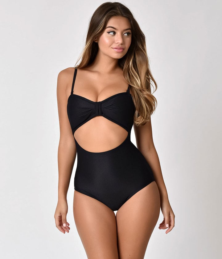 Unique Vintage Black Textured Sweetheart Cutout Rory Swimsuit