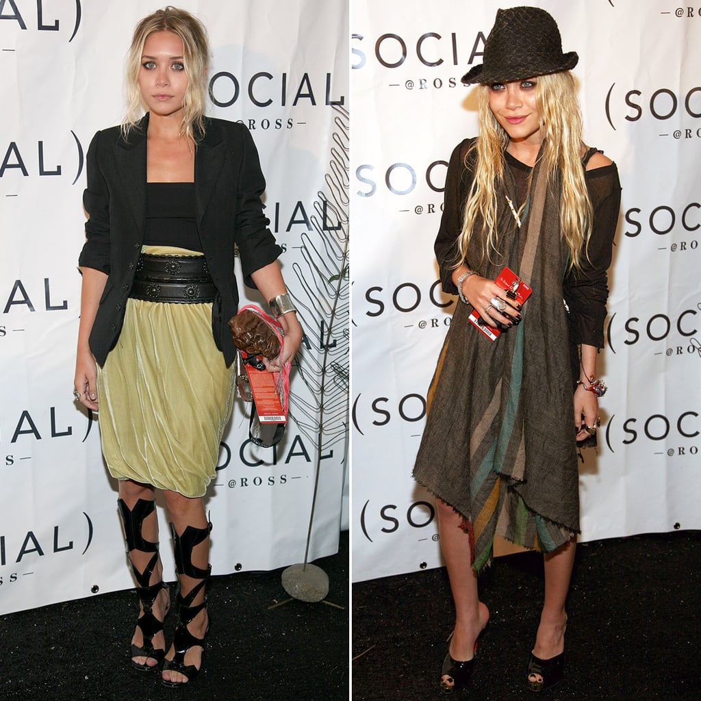 Twinning combo: The blond style-setters played with proportions at a 2007 Hampton Social event.

Ashley belted a ruched velvet skirt under a black blazer, then slipped on a pair of cutout gladiator sandals.
Mary-Kate accessorized her long-sleeved minidress with a striped scarf, textured fedora, and patent leather mules.