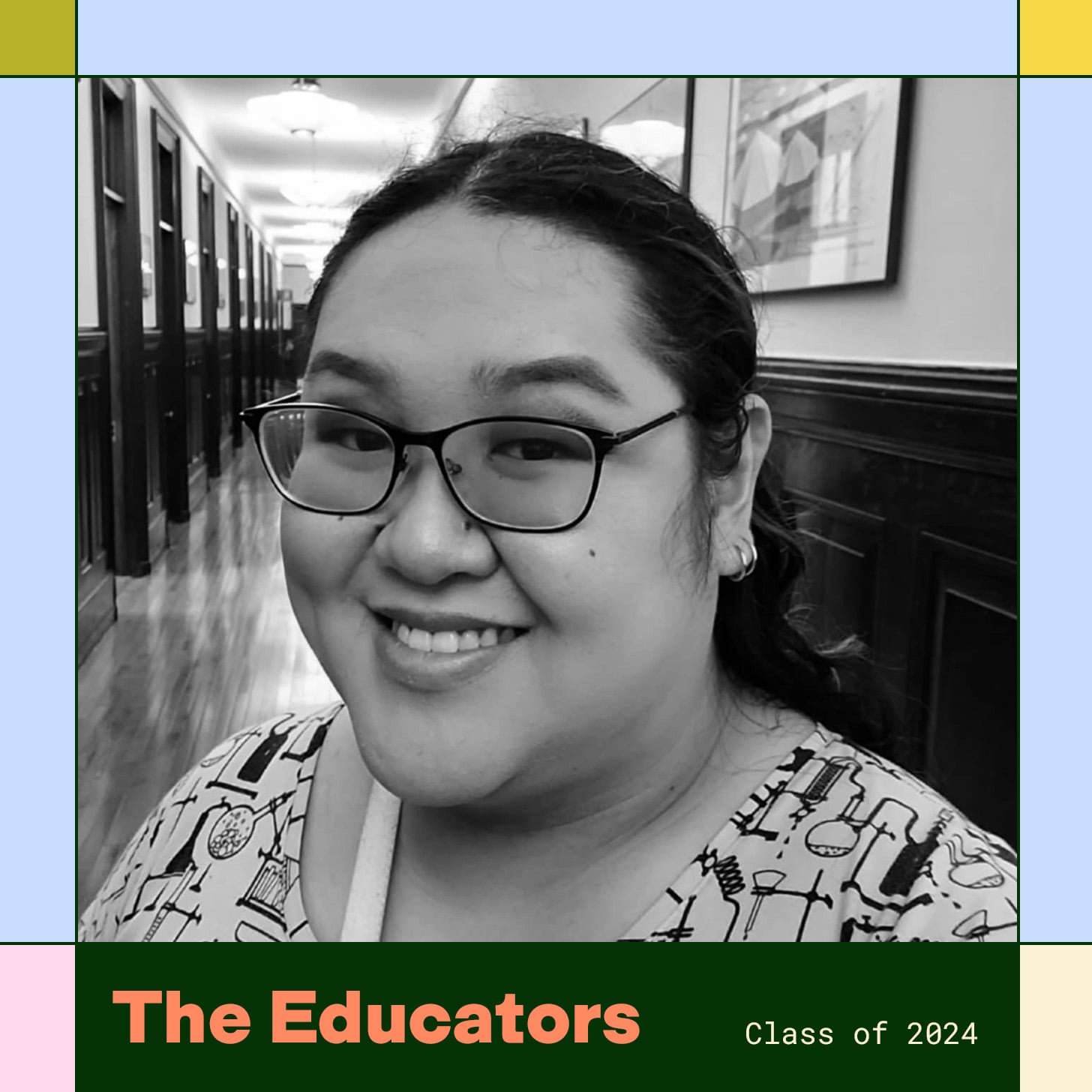 Viola Liu Johnson is pictured smiling next to a colorful border and text that reads The Educators Class of 2024