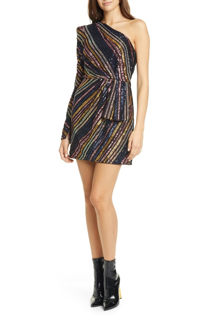 Self-Portrait Stripe One-Shoulder Sequin Minidress