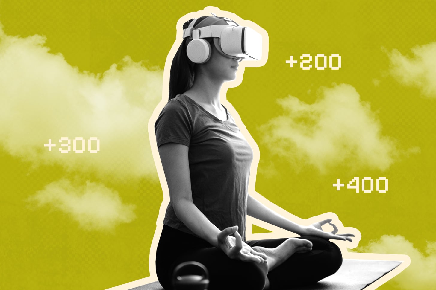 Woman sitting in yoga position with VR headset on.