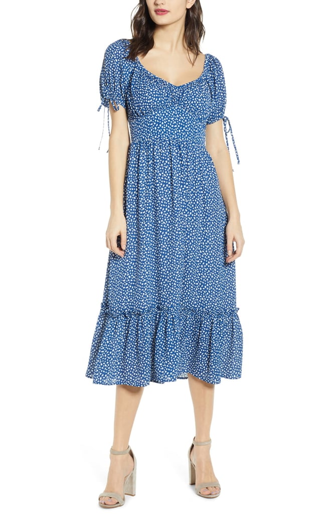 Moon River Tie-Sleeve Ruffle Midi Dress