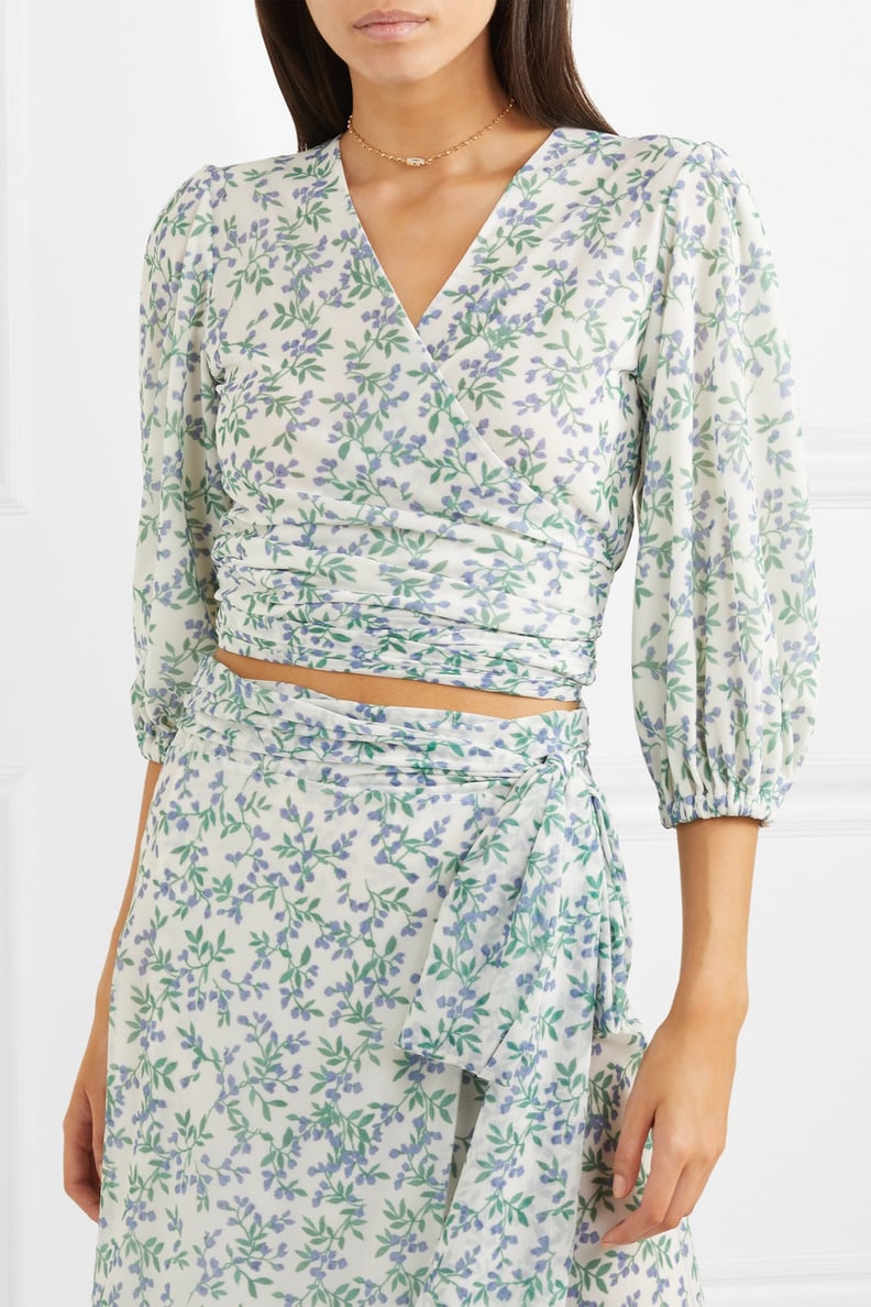 Ganni Tilden Cropped Floral-Print Mesh Wrap Top