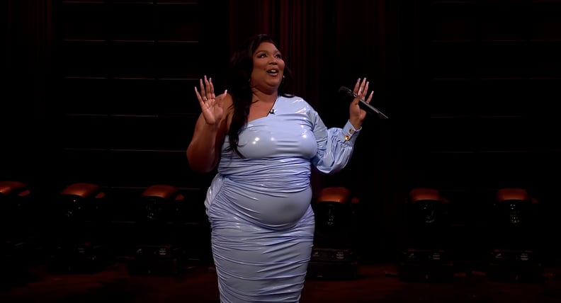 Lizzo Wears Blue 1-Shoulder Latex Dress on James Corden