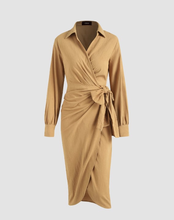 A Polished Slip: Cider Collar Tie Side Long Sleeve Midi Dress