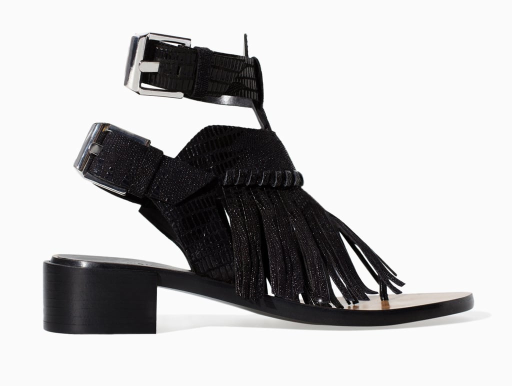 Zara black leather ankle-strap sandals with fringe ($100)