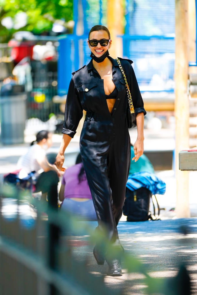 Irina Shayk Wearing a Black Jumpsuit and Lace-Up Boots in NYC