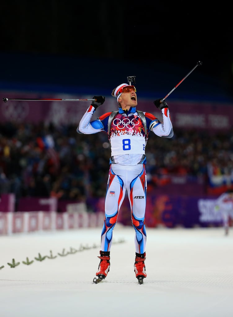 Ondrej Moravec of the Czech Republic cheered when he approached the finish line and won the silver medal for the men's 12.5-kilometer biathlon pursuit event.