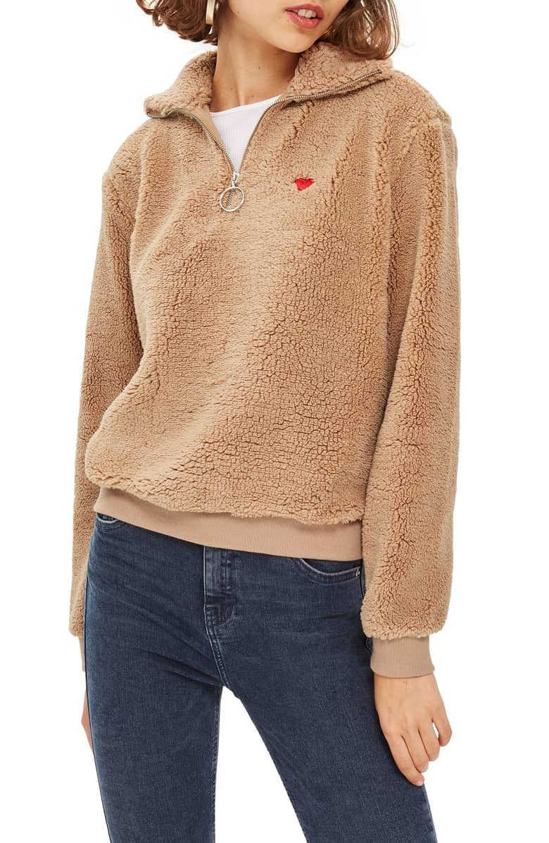 Topshop Borg Heart Quarter Zip Pullover