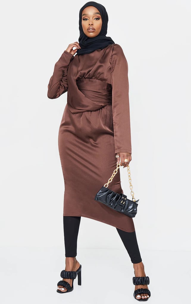 PrettyLittleThing Chocolate Pleated Drape Detail Midi Dress