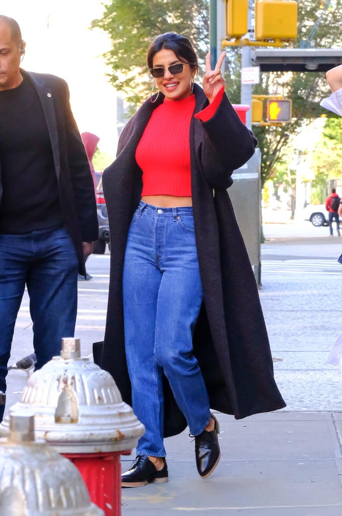 red crop top and jeans