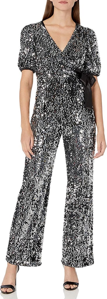 Donna Morgan Stretch Velvet Sequin Faux Wrap Jumpsuit