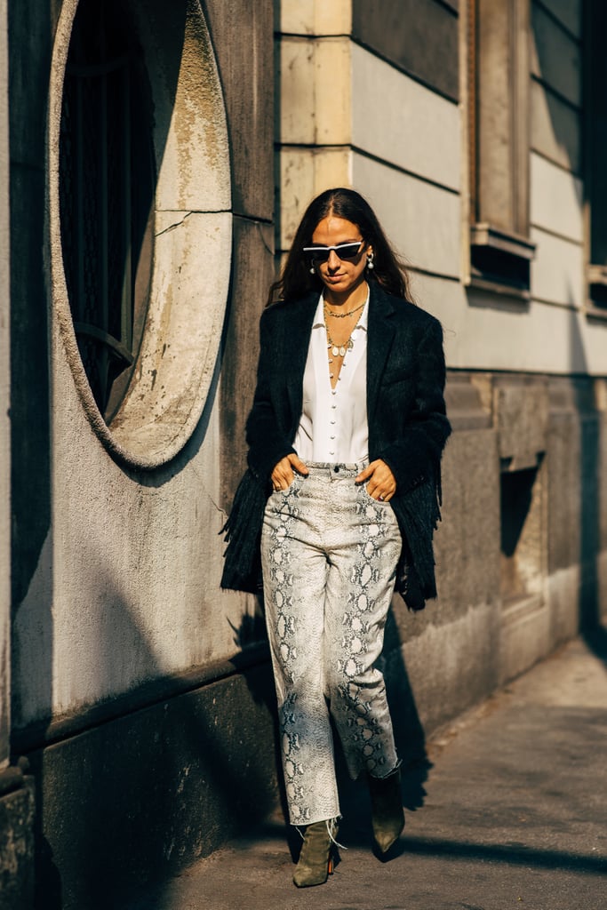 Wear thick snakeskin pants with a lightweight blouse, and throw a heavier fringed jacket on top.