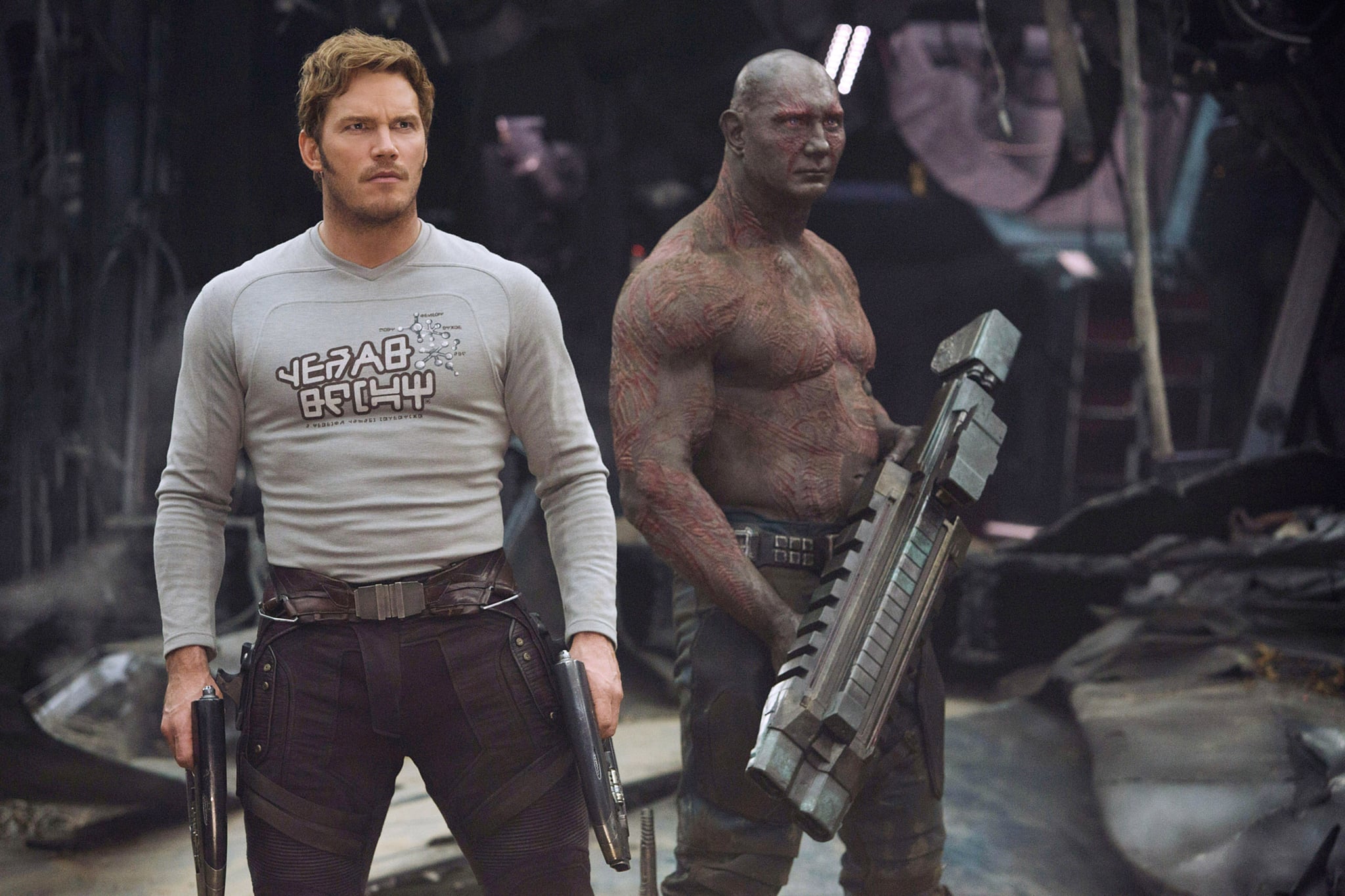 GUARDIANS OF THE GALAXY VOL. 2, l-r: Chris Pratt, Dave Bautista, 2017. ph: Chuck Zlotnick/Walt Disney Studios Motion Pictures/courtesy Everett Collection