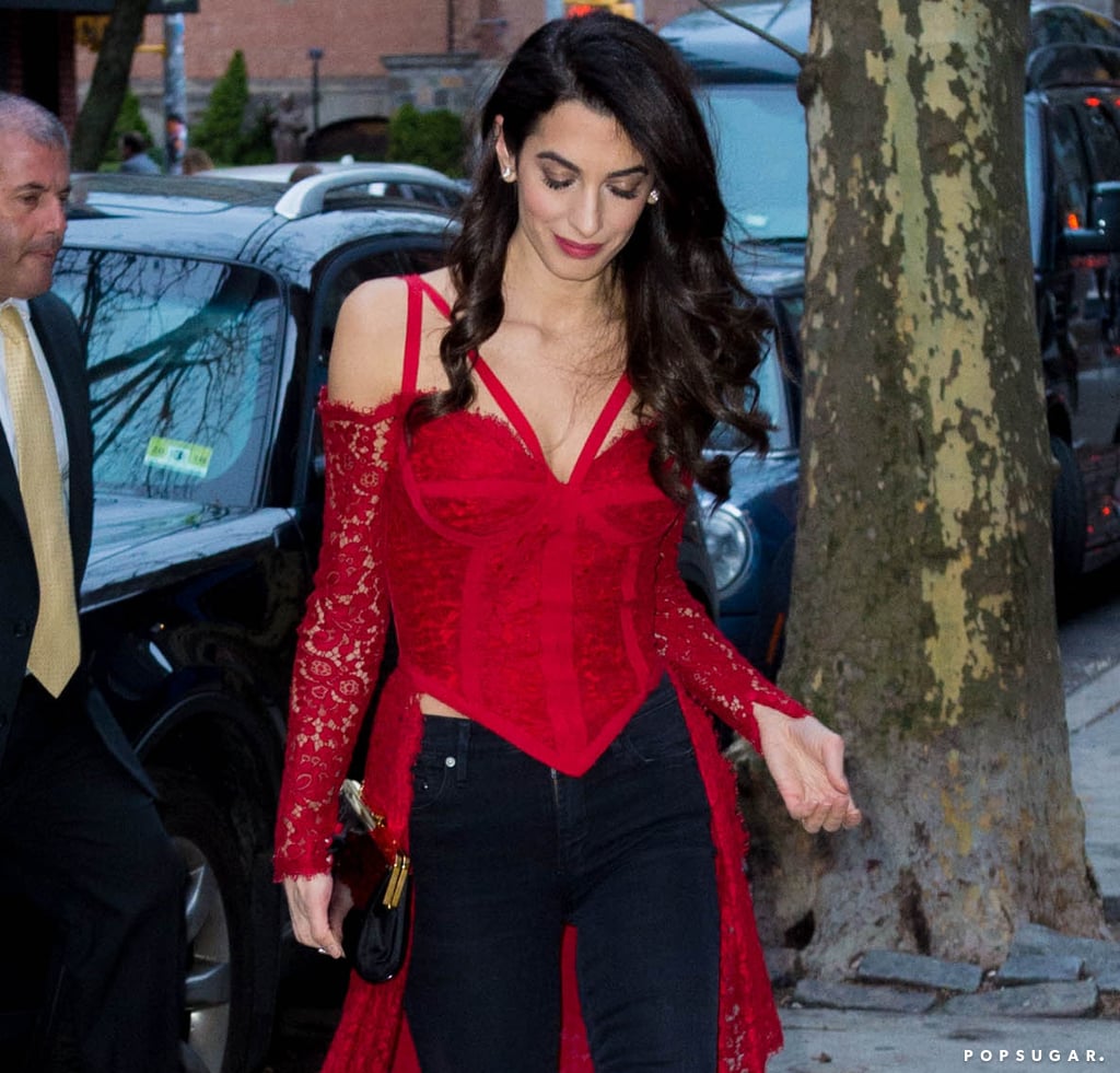 Amal Clooney Red Lace Top