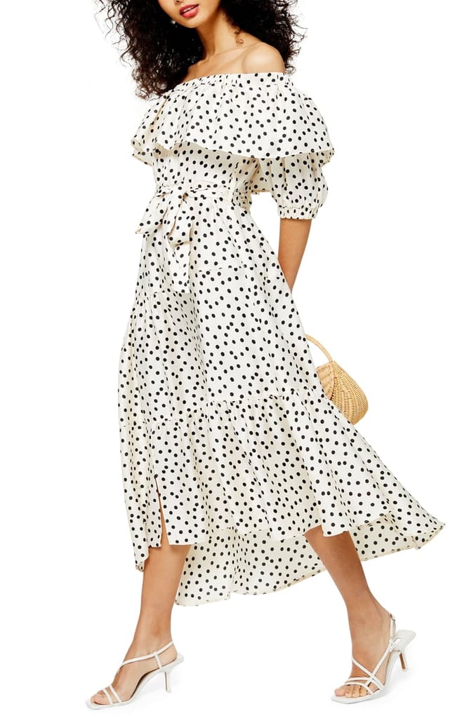 Topshop Bardot Spot Print Asymmetrical Off the Shoulder Dress