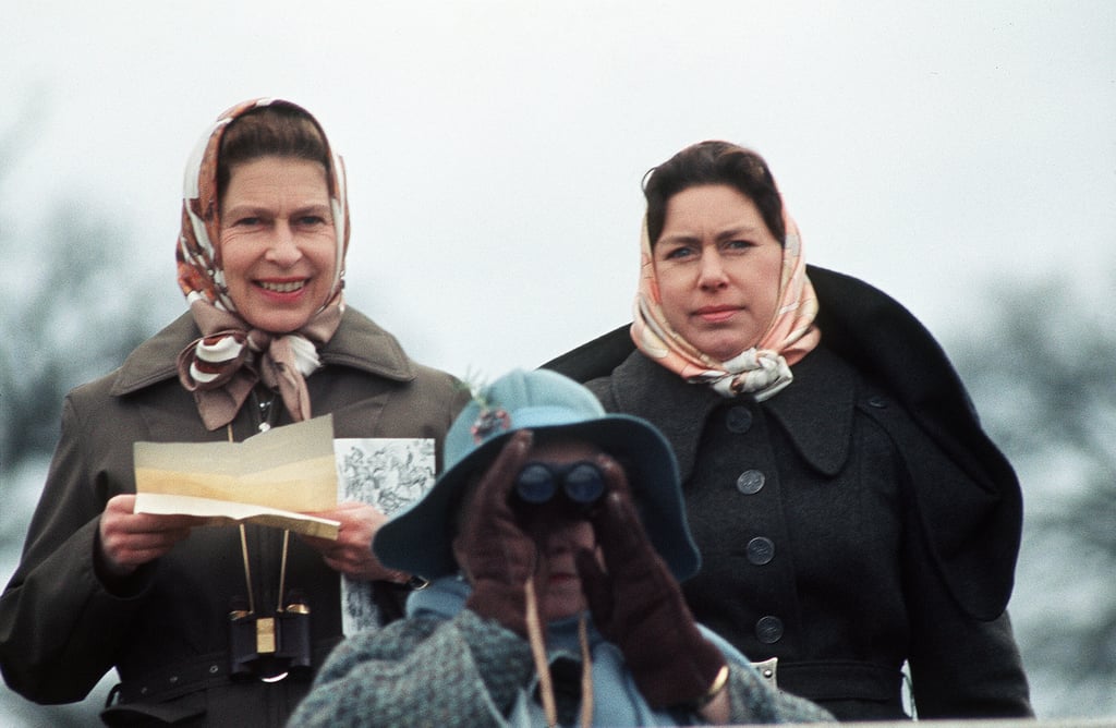 Queen Elizabeth and Princess Margaret watched the Badminton Horse Trials in 1975.