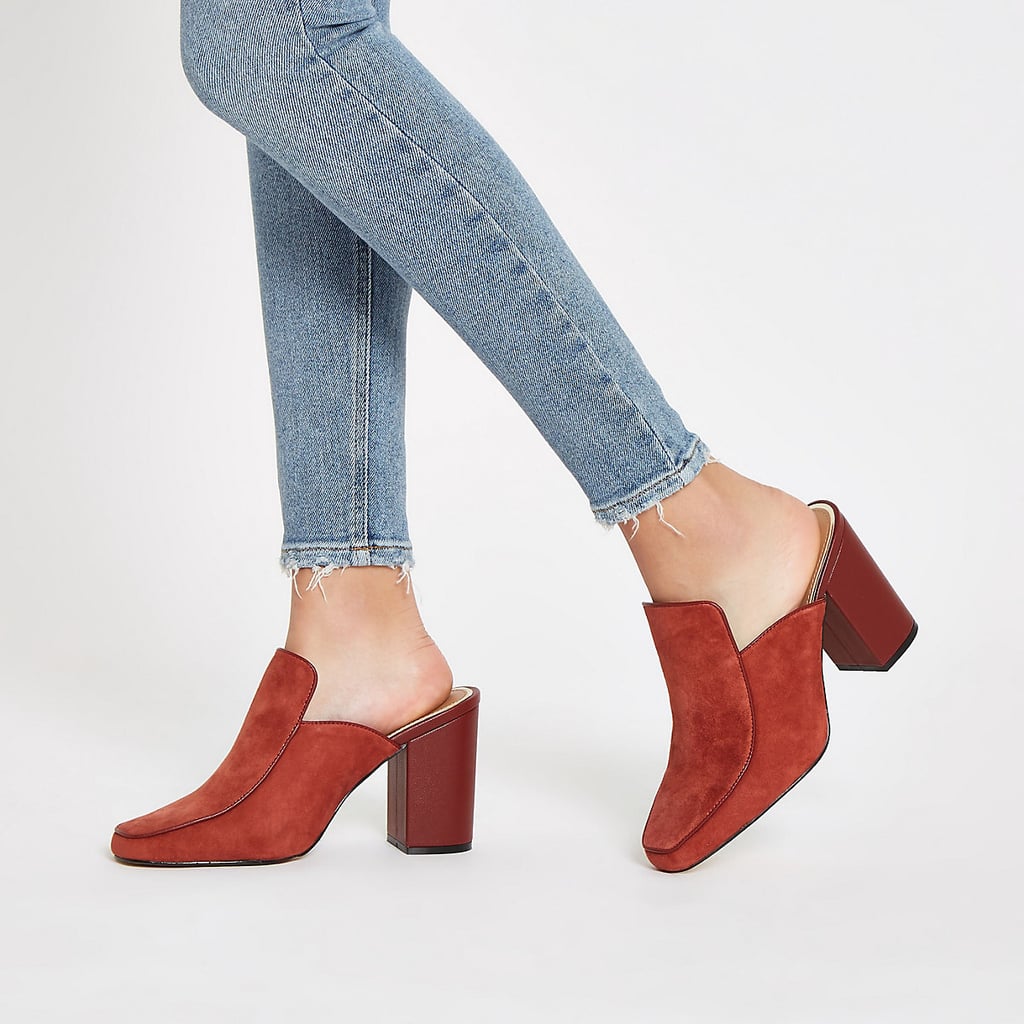 River Island Rust Suede Wide Fit Block Heel Mules