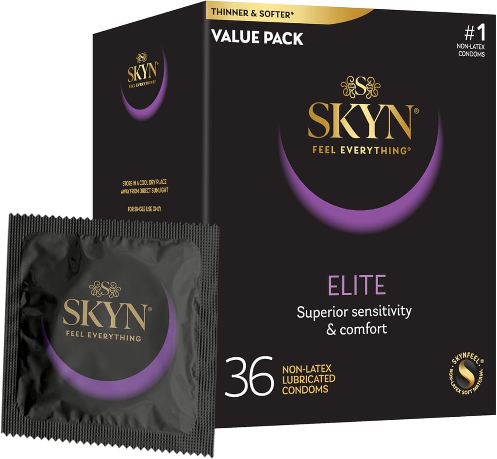 Skyn Elite Latex-Free Condoms ($14, originally $20 for 36) 
Condoms are a great way to prevent the transmission of STIs and unwanted pregnancies, but that doesn't mean they have to be uncomfortable. Because Skyn's Elite line is 15 percent thinner than the standard non-latex condom, many Amazon reviewers say that wearing one feels similar to not wearing one at all. Plus, this line of condoms is latex-free, making it more allergy-friendly and much less irritating on the skin.