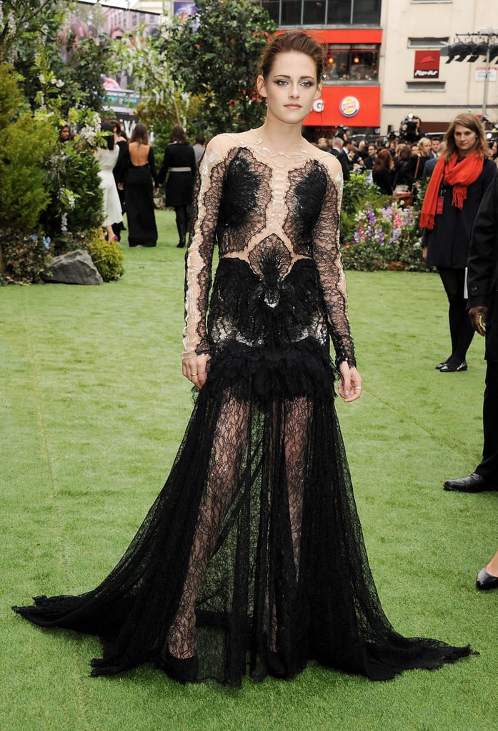 Stewart made a serious statement for the May 2012 premiere of Snow White and the Huntsman in London — she wore a gothic-inspired black lace Marchesa gown with a deceptively sheer bodice.