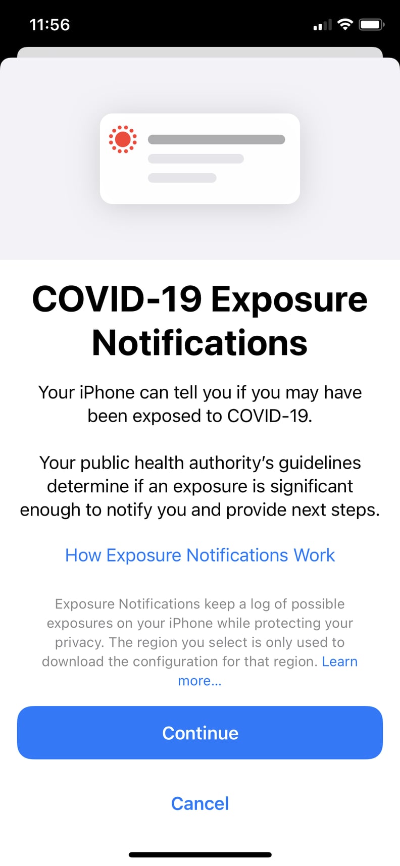 Read Up on How Exposure Notifications Work, and Hit "Continue"