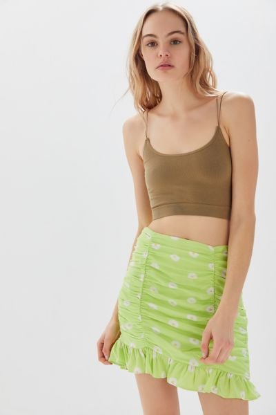 UO Sasha Ruched Ruffle Miniskirt