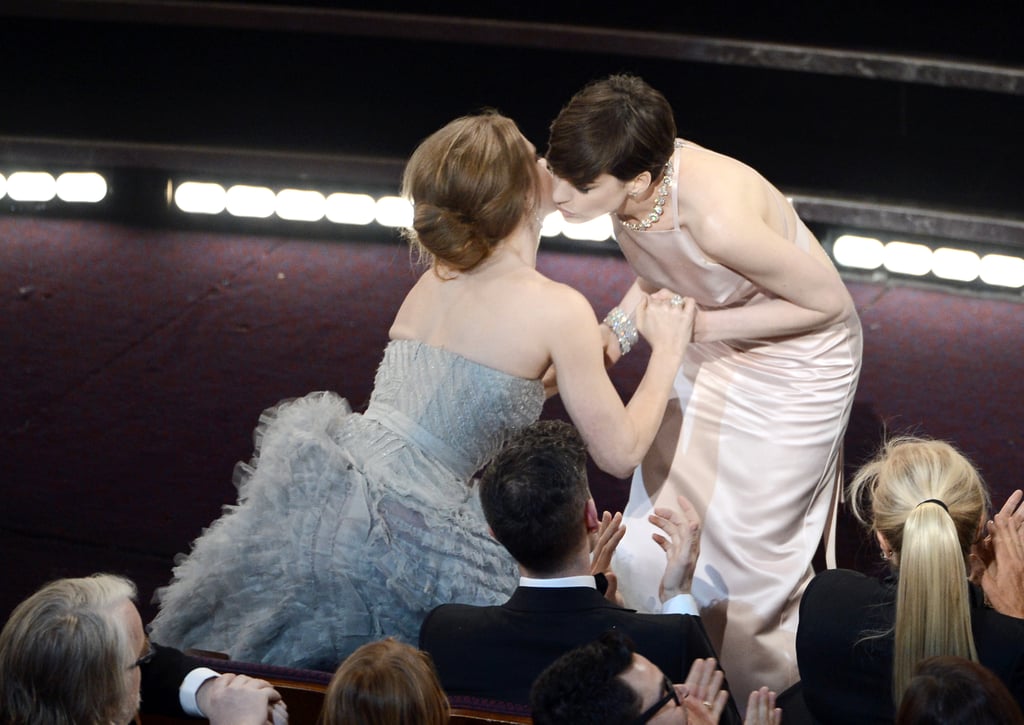 Anne Hathaway and Amy Adams hugged.
Anne Hathaway and Amy Adams hugged.