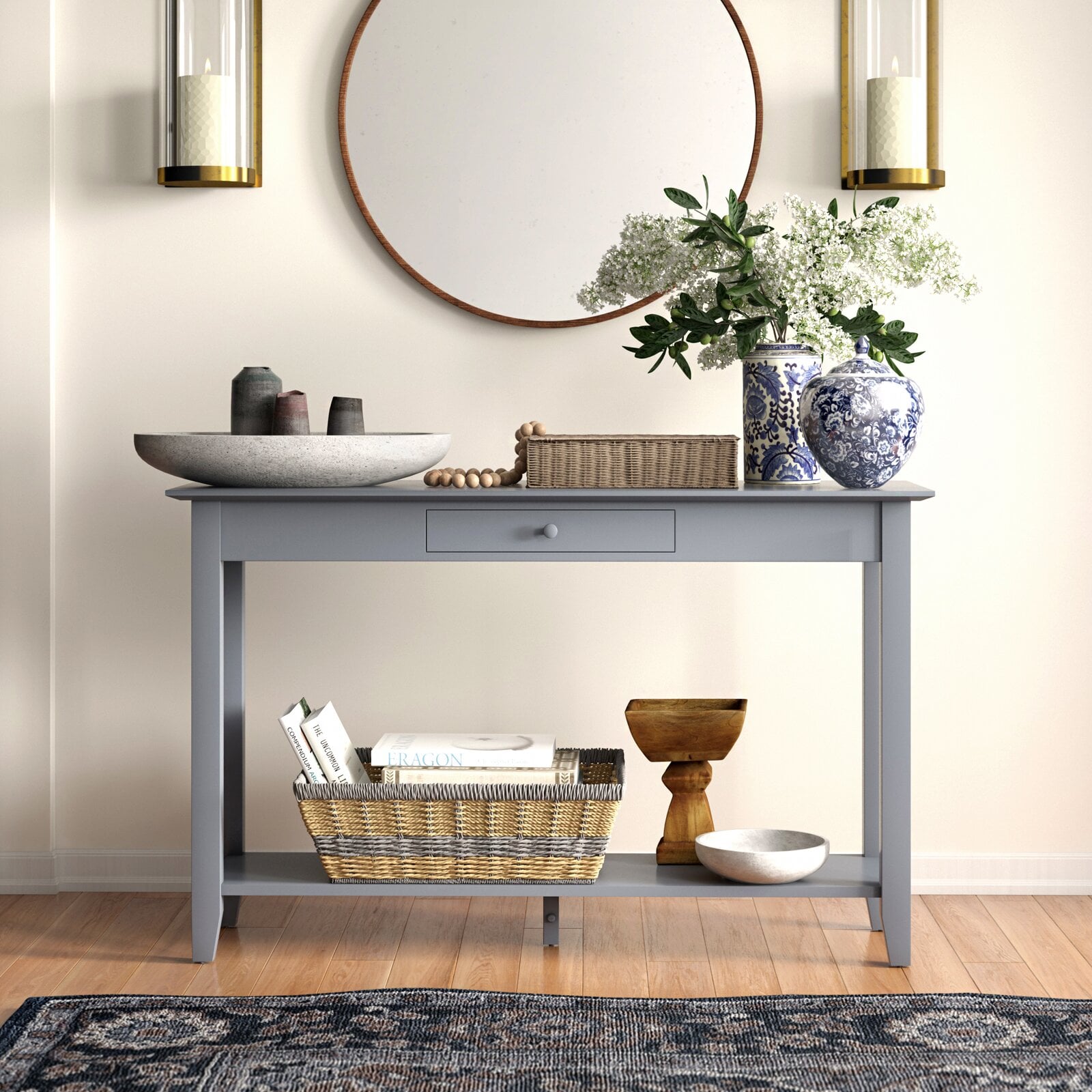 Inman end table with shop storage three posts