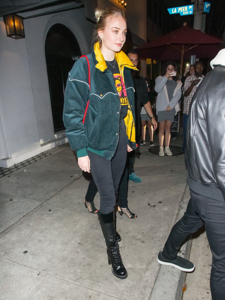 Sophie Turner in a Green and Yellow Jacket in 2018