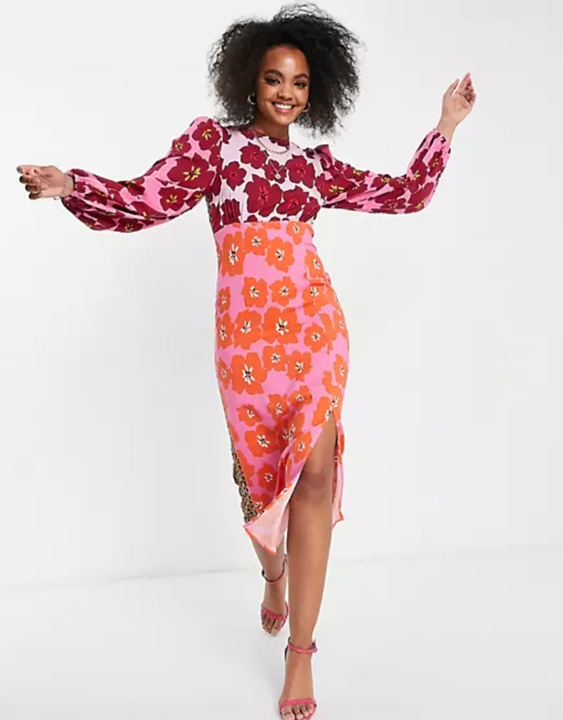 Never Fully Dressed Contrast Puff Sleeve Split Midi Dress in Retro Floral