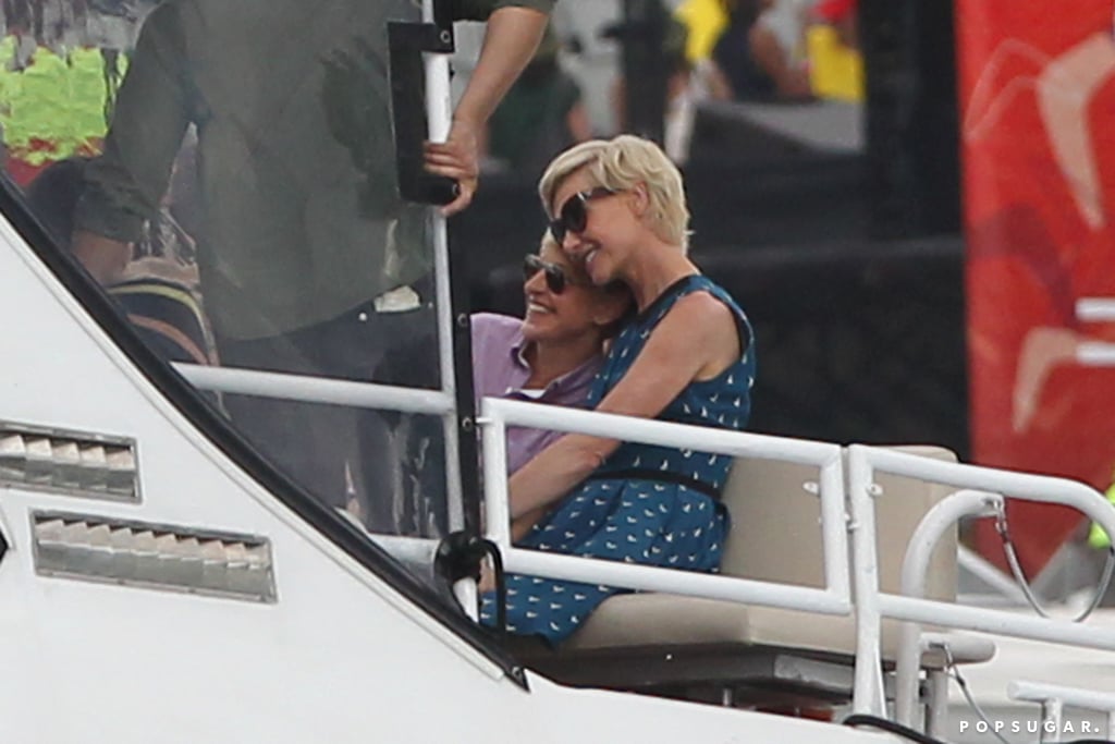 Ellen Degeneres and Portia de Rossi cuddled up on a water taxi in Sydney, Australia, in May 2013.