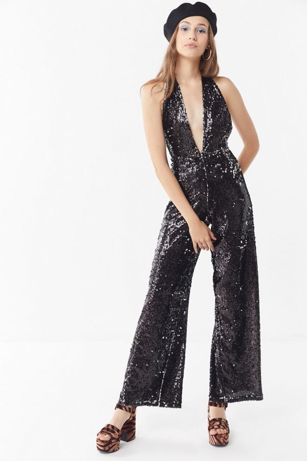 Motel Amber Sequin Plunging Halter Jumpsuit