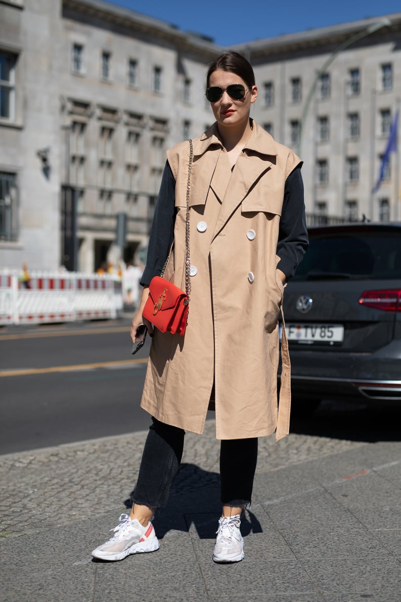 Button a Trench Coat Over Your Long-Sleeved Top and Bring Those White Sneakers Right Into Fall