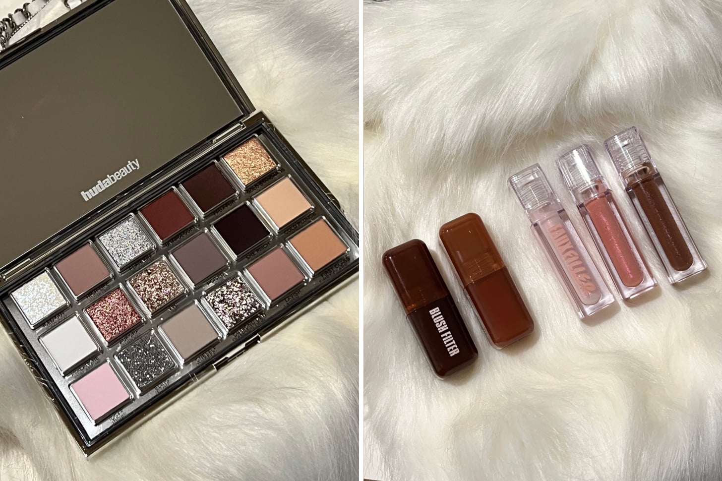 The Huda Beauty Icy Nude Collection, including the Icy Nude Eyeshadow Palette, the Blush Filter Liquid Blush shades in Coco Loco and Latte, and the Faux Filler Lip Gloss shades in She Glitzy, She Flirty, and She Fire.