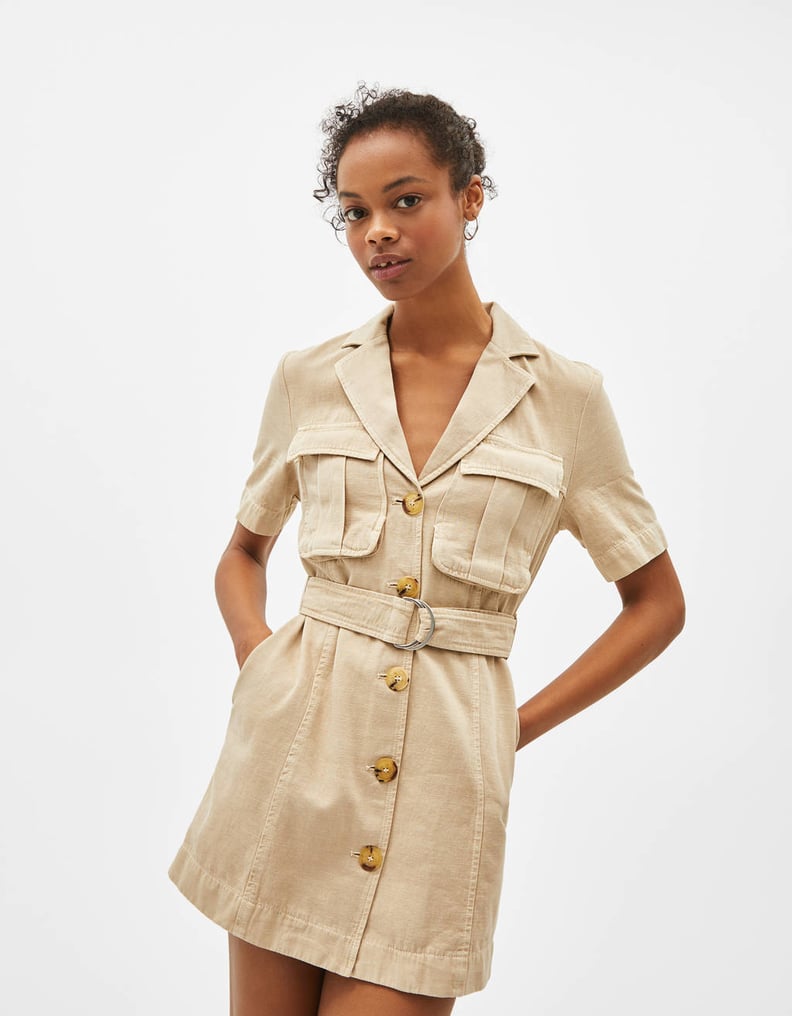 Bershka Belted Linen Blazer-Style Dress