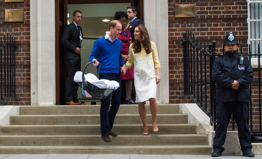 For her second postpartum hospital appearance, Kate again opted to wear Jenny Packham, this time a custom white and yellow floral dress. The look, paired with nude heels instead of wedges, was less casual than her first. The more formal appearance supports the idea that Kate was much more at ease and secure in her role, having been through the process before.  
Again her postpartum figure was discussed, but for women who'd experienced childbirth themselves, the biggest shock was the colour she'd chosen. Given the realities of postpartum recovery (giant mesh undies, anyone?!) white was a bold choice, and yet another reminder that the royals aren't exactly "just like us."