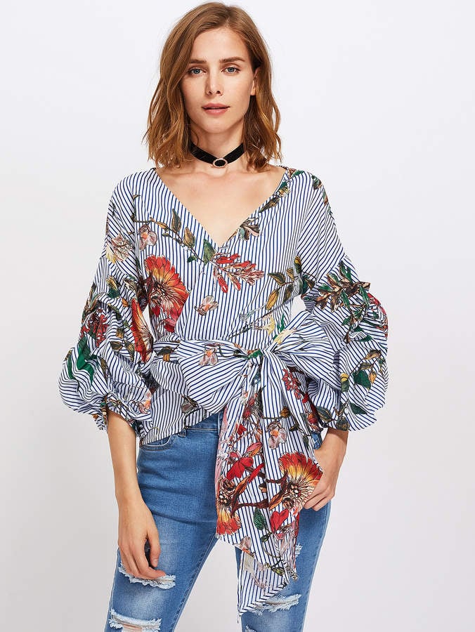 Shein Gathered Sleeve Mixed Print Surplice Wrap Top